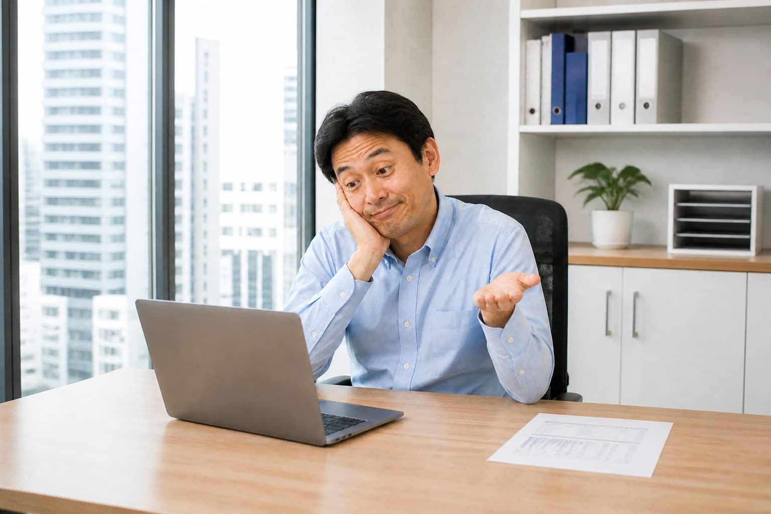 パソコンの前で更新作業に困っている男性